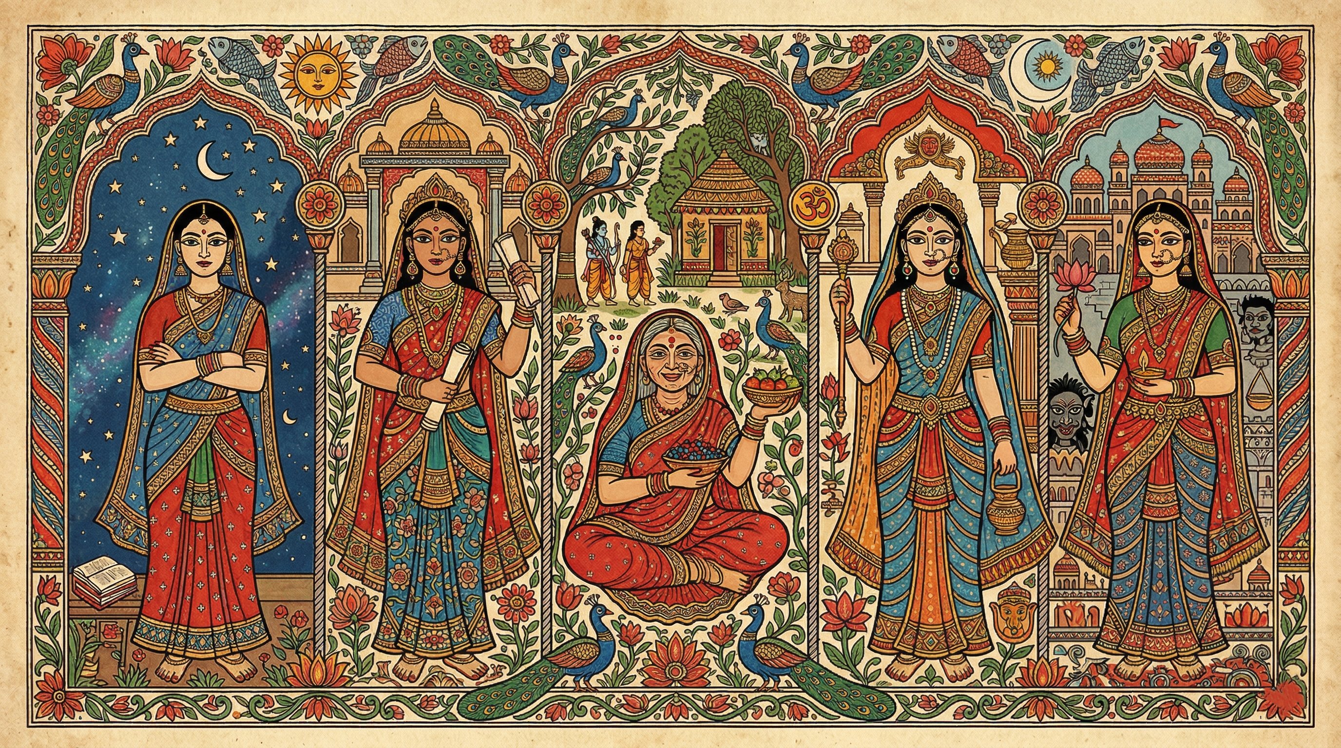 An intricate Mithila style painting depicts five pivotal women of the Ramayana—Urmila, Kaikeyi, Shabari, Tara, and Mandodari—arranged in a sequence of arched panels. The artwork is characterized by the traditional Madhubani aesthetic, featuring vibrant natural pigments, fine hatched lines, and symbolic motifs like peacocks and lotus flowers. On the far left, Urmila stands against a celestial night sky, symbolizing her long vigil of sacrifice. Next to her, Kaikeyi is portrayed in regal attire holding a scroll that dictates the epic's course. The central figure is an elderly, seated Shabari offering a bowl of berries in a gesture of pure devotion. To her right, Tara appears poised and intellectual, holding a staff of wisdom. Finally, Mandodari is shown on the far right against a palace backdrop, holding a lotus and a lamp to signify her moral strength. The entire composition is framed by an ornate border of fish and floral patterns, emphasizing the profound and often unsung contributions of these women within a rich folk-art tradition.