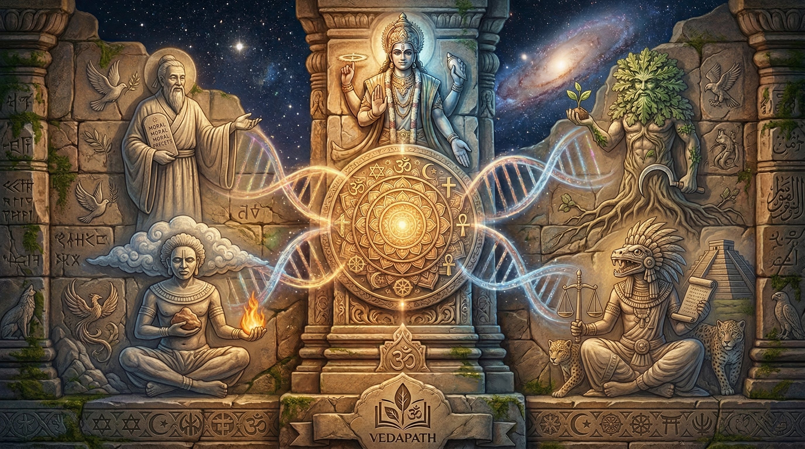 An intricate digital illustration titled "VEDAPATH" depicts a cosmic synthesis of global spirituality, philosophy, and science set within ancient, moss-covered stone ruins. At the center, a glowing golden mandala containing symbols from major world religions acts as a nexus, with two luminous DNA helices weaving through the scene to connect five distinct figures. Above the center stands a four-armed, Indian celestial deity in blue (Vishnu), while the surrounding corners feature a bearded sage holding moral tablets, a meditating monk balancing fire and stone, a nature spirit emerging from a tree, and a feathered Mesoamerican priest holding scales of justice. The entire composition is framed by a deep-space backdrop of nebulae and a spiral galaxy, blending the biological blueprint of life with the vast mystery of the universe.
